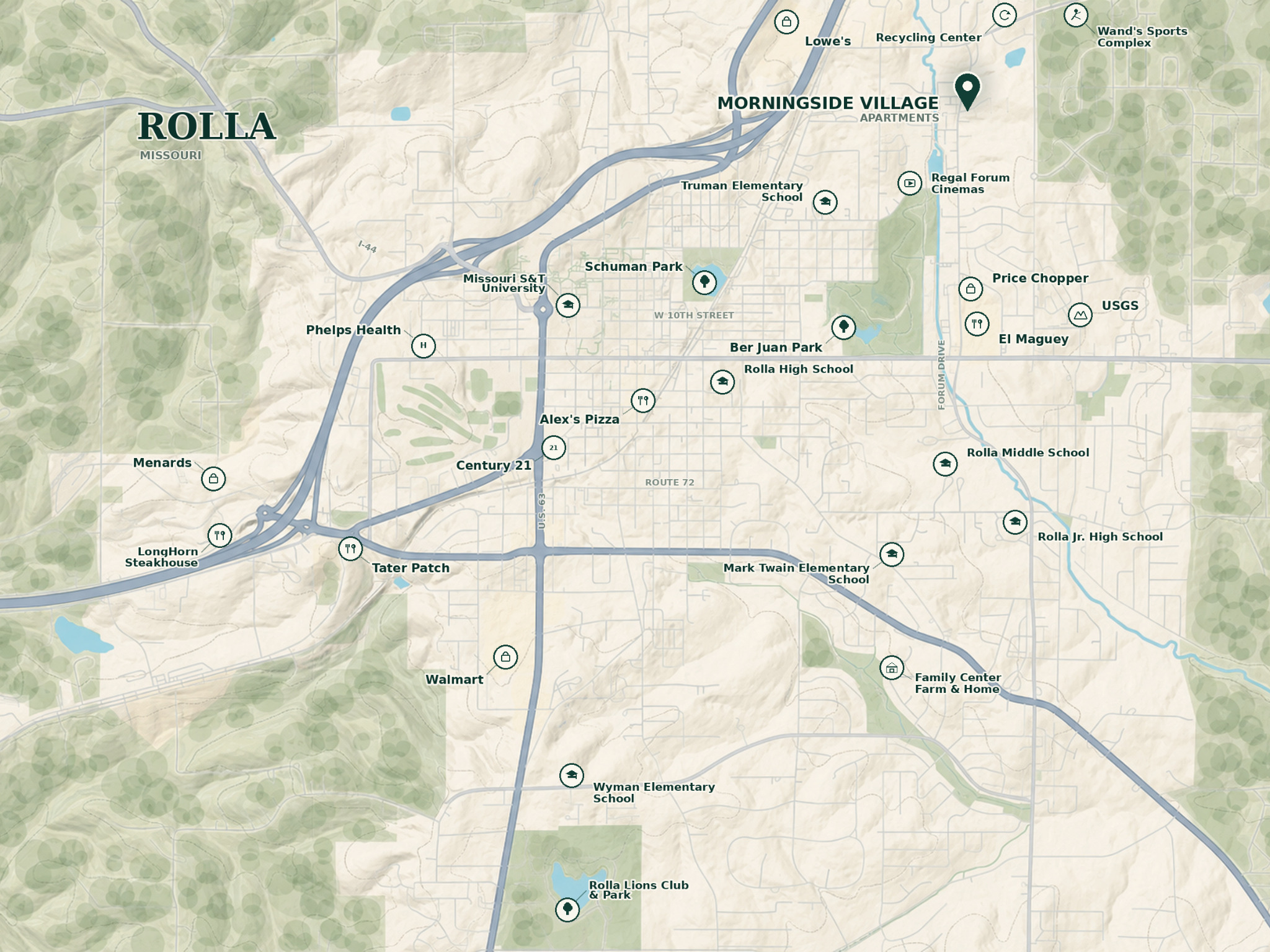 Interactive illustrated map of Rolla showing Morningside Village Apartments and nearby schools, parks, shopping, dining, recreation, and everyday services