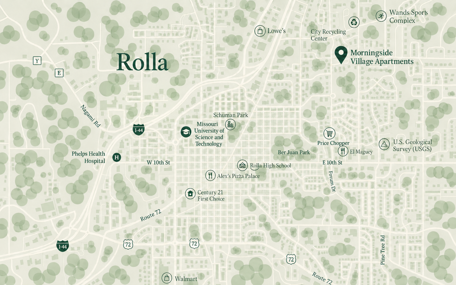 Illustrated map of Rolla showing Morningside Village Apartments, Missouri S&T, Phelps Health Hospital, Menards, Regal Forum Cinemas, Ber Juan Park, Price Chopper, Lowe’s, the City Recycling Center, Wands Sports Complex, the U.S. Geological Survey, El Maguey, Rolla High School, Alex’s Pizza Palace, Schuman Park, Century 21 First Choice, and Walmart