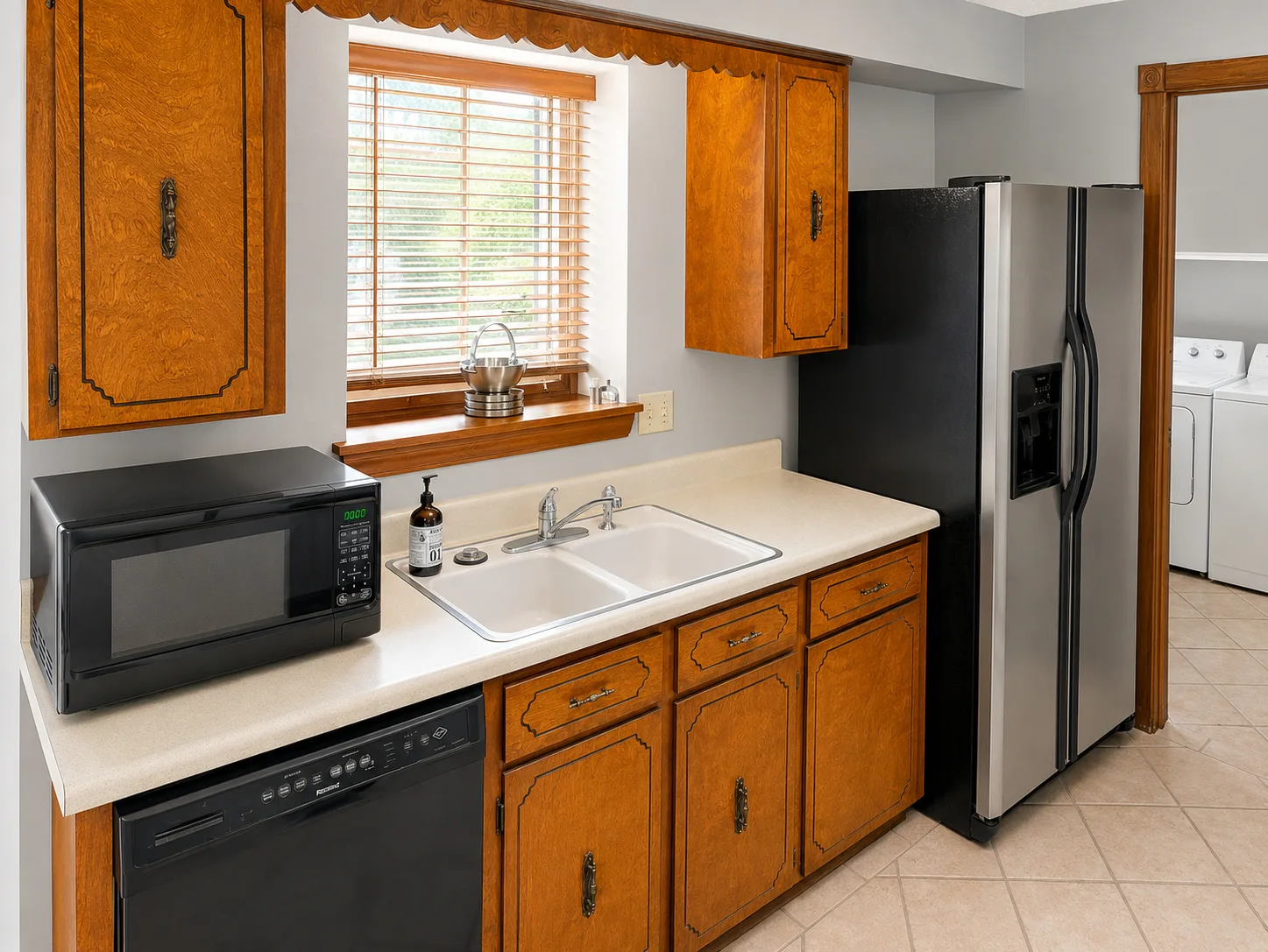 Kitchen sink, refrigerator, and cabinetry in apartment 1301 B
