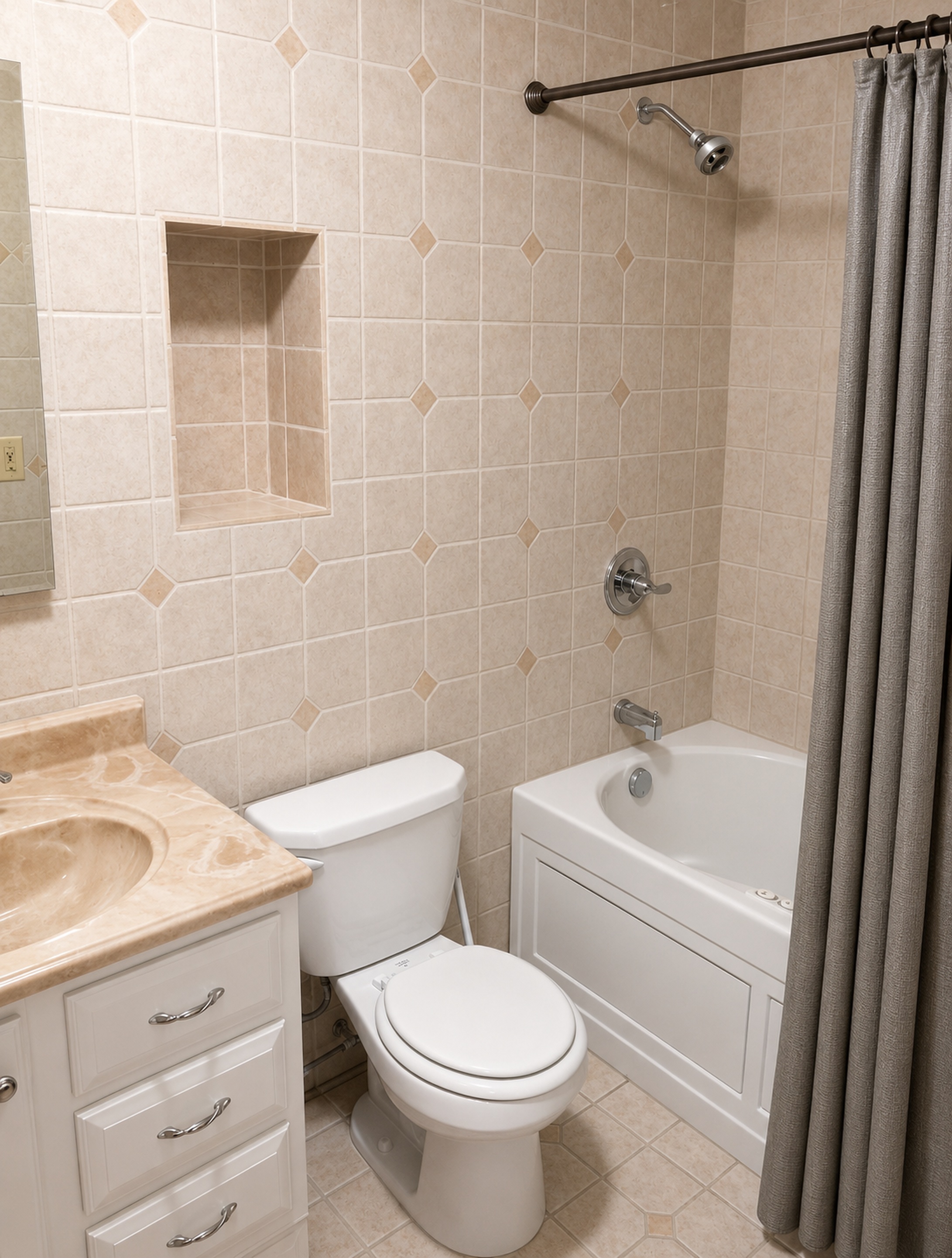 Bathroom with gray shower curtain in apartment 1305 B