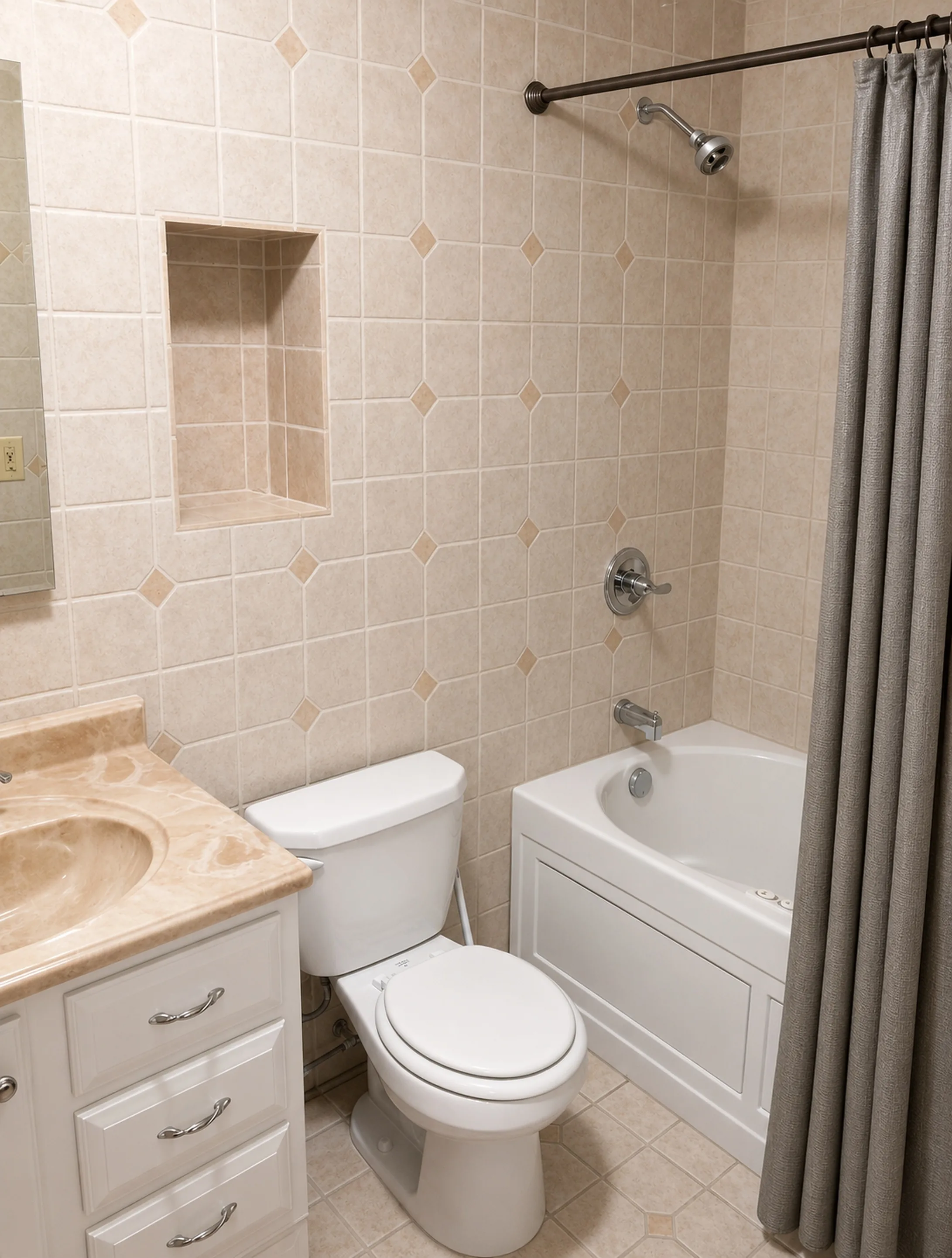 Bathroom with gray shower curtain in apartment 1305 B