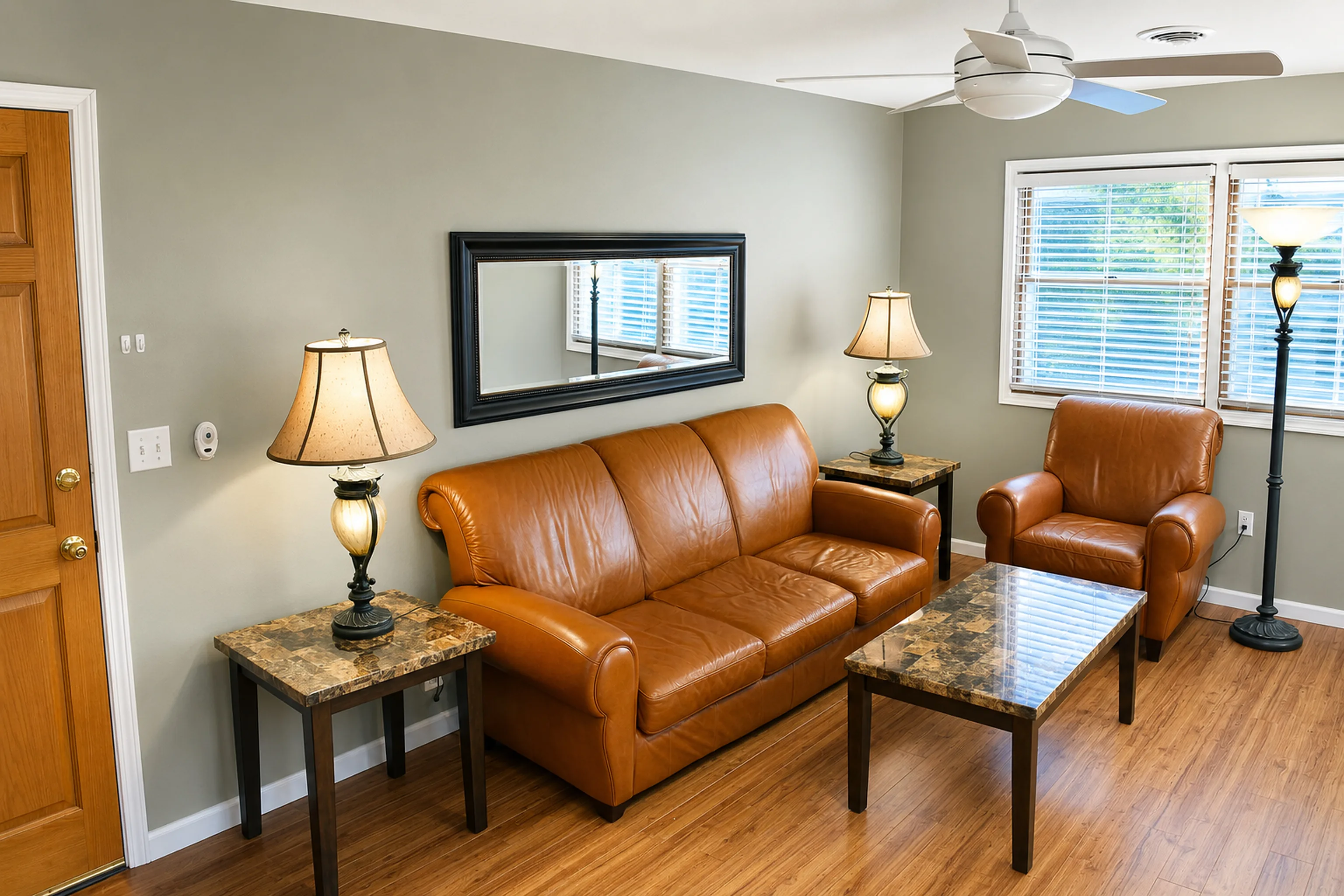 Furnished living room window view in apartment 1305 D