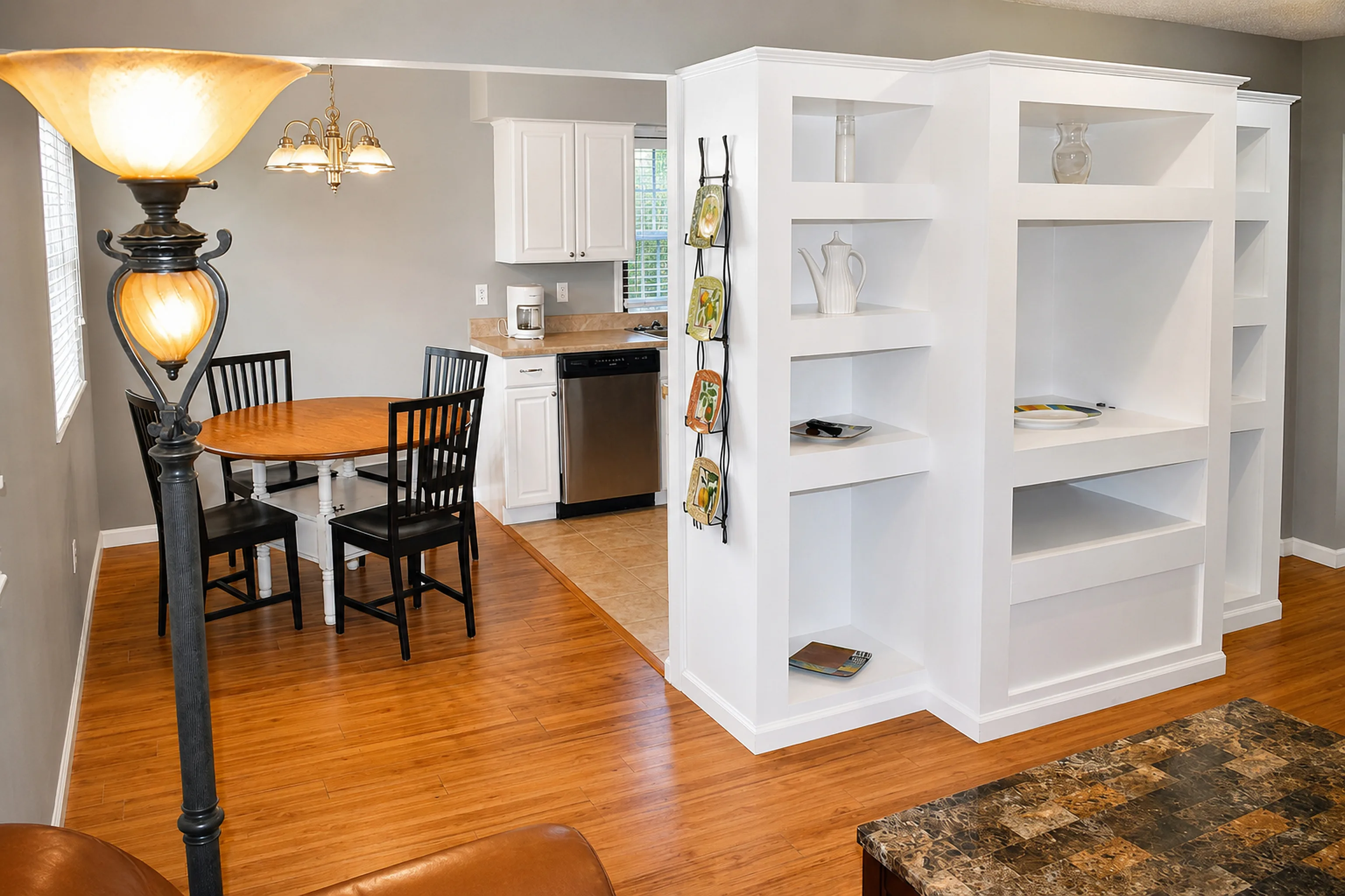 Dining room and built-in shelving in apartment 1305 D