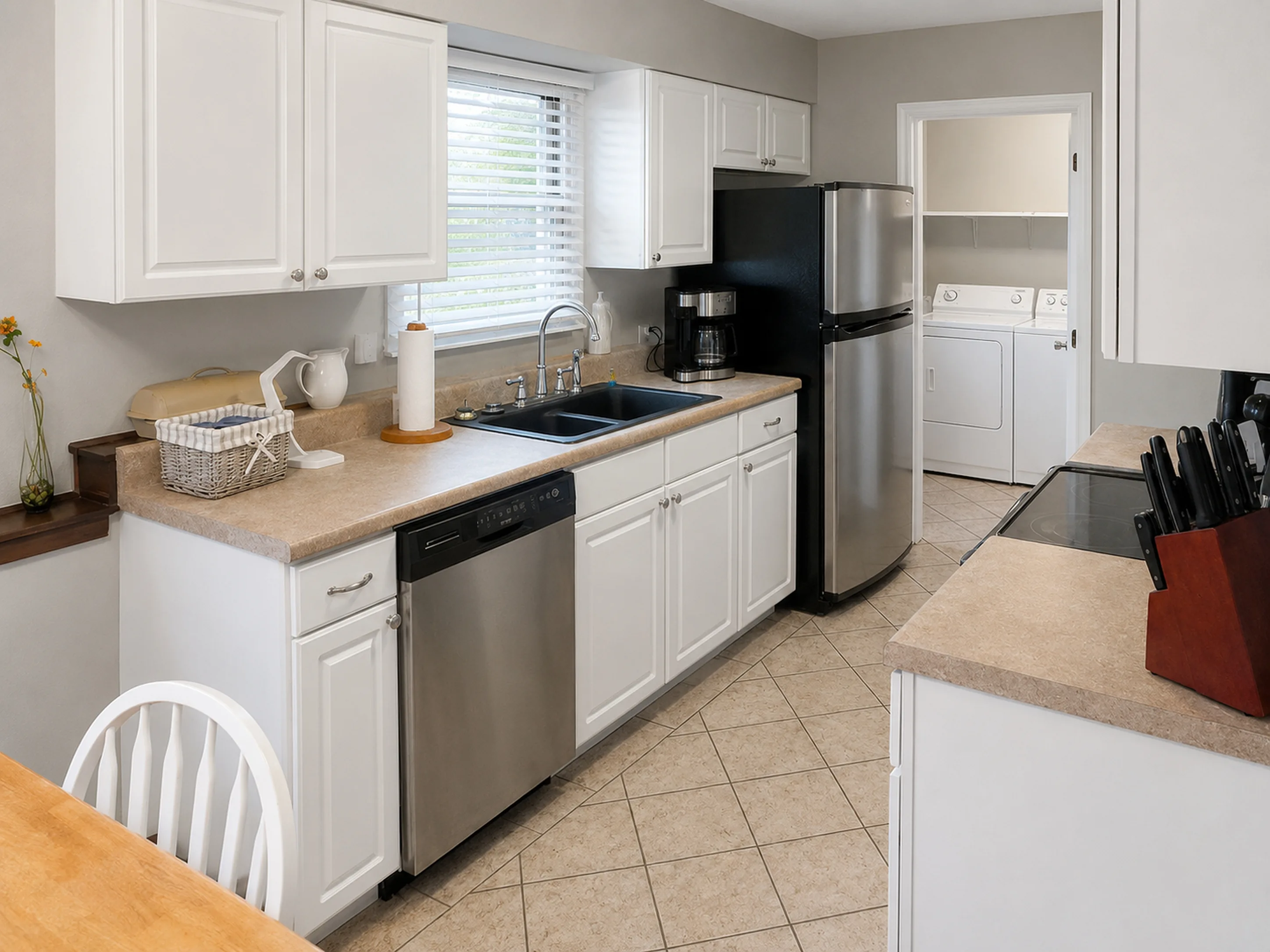 Kitchen and in-home laundry area in apartment 1307 B