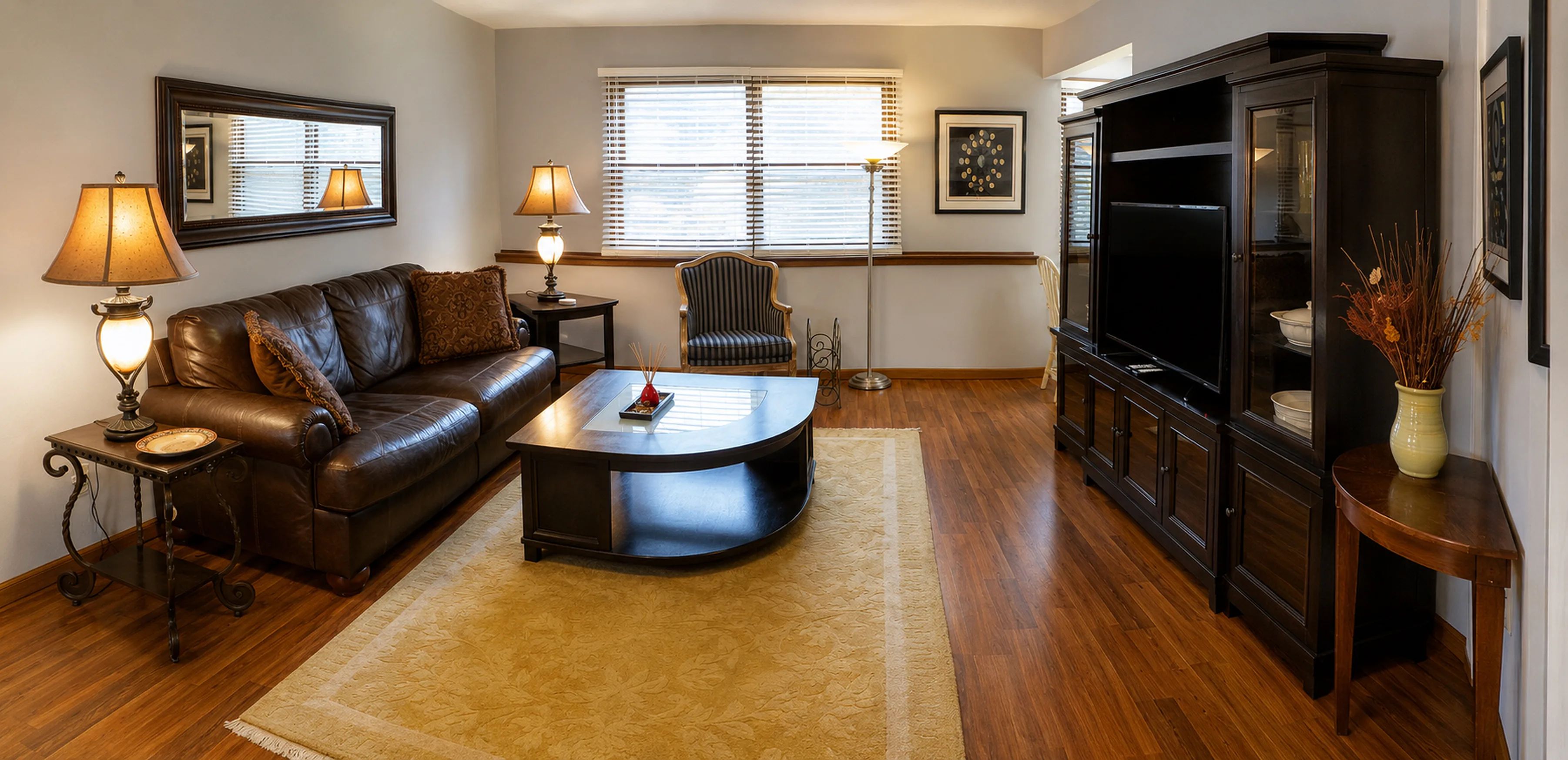 Panoramic view of the living room in apartment 1307 B